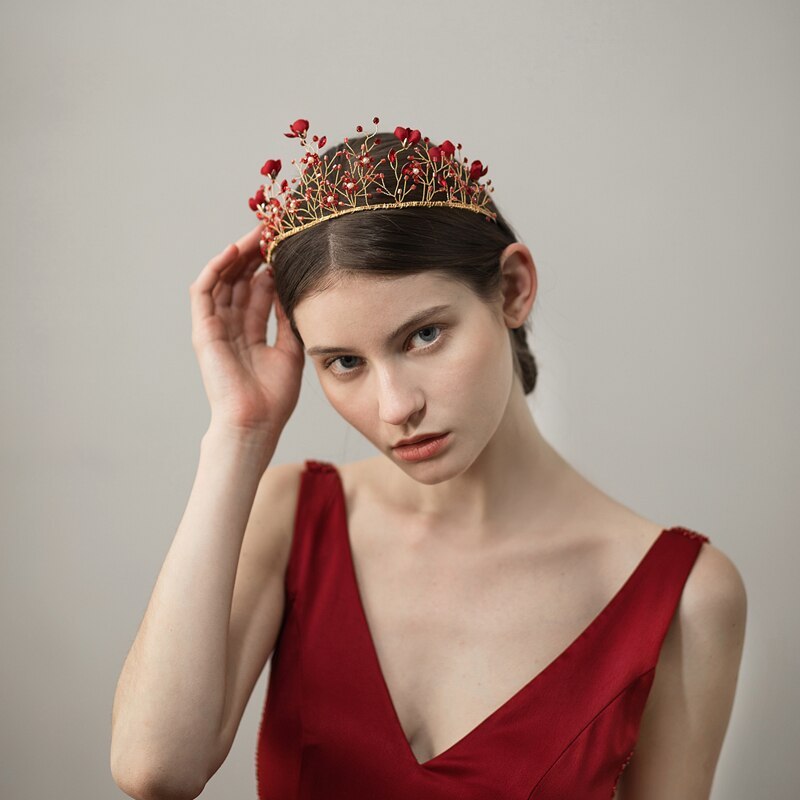 HKM-146259 Red Cloth Flower Bridal Headdress Metal Headband for Weddings and Parties