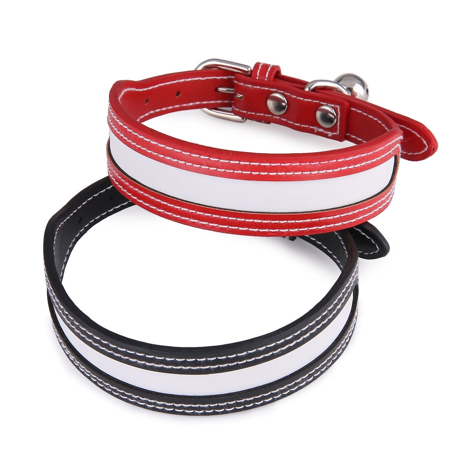 HKM-921299 Reflective Outdoor Pet Collar with Bell - Red and Black PU Material for Cats and Dogs, Fits Neck Circumference 25-32cm