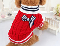 HKM-028179 Cozy Winter Knit Sweater for Dogs with Bowknot Detail in Blue and Red