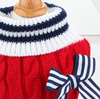 HKM-028179 Cozy Winter Knit Sweater for Dogs with Bowknot Detail in Blue and Red