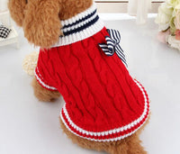 HKM-028179 Cozy Winter Knit Sweater for Dogs with Bowknot Detail in Blue and Red
