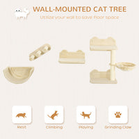 HKM-798931 Wall-Mounted Cat Shelves with Hammock, Perches, Steps, and Scratching Post for Climbing and Relaxing, Beige Finish