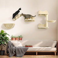 HKM-798931 Wall-Mounted Cat Shelves with Hammock, Perches, Steps, and Scratching Post for Climbing and Relaxing, Beige Finish