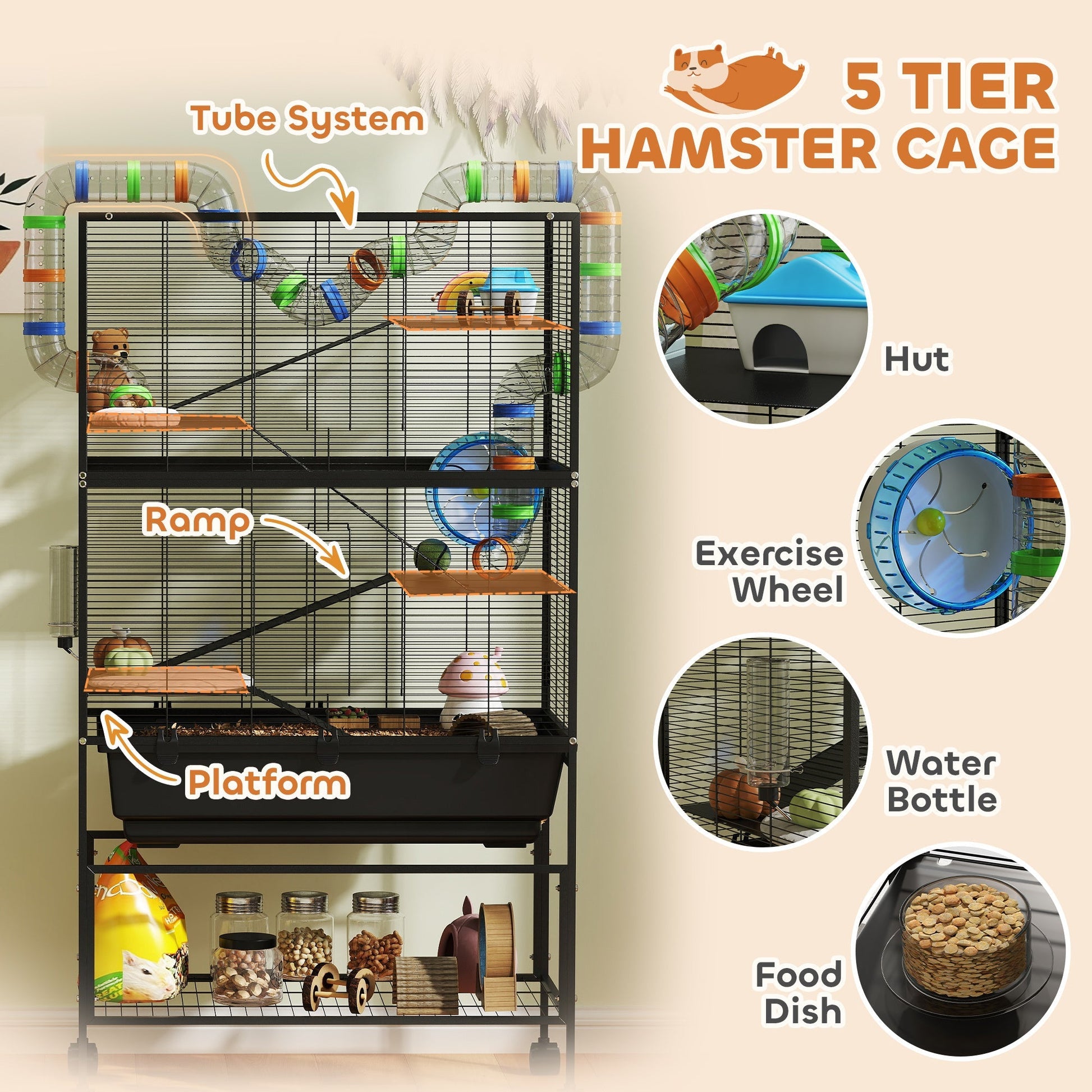 HKM-793299 5-Tier Hamster Cage with Rolling Base, Large Deep Tray, Exercise Wheel, Hut, and Tubes