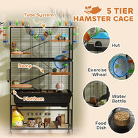 HKM-793299 5-Tier Hamster Cage with Rolling Base, Large Deep Tray, Exercise Wheel, Hut, and Tubes