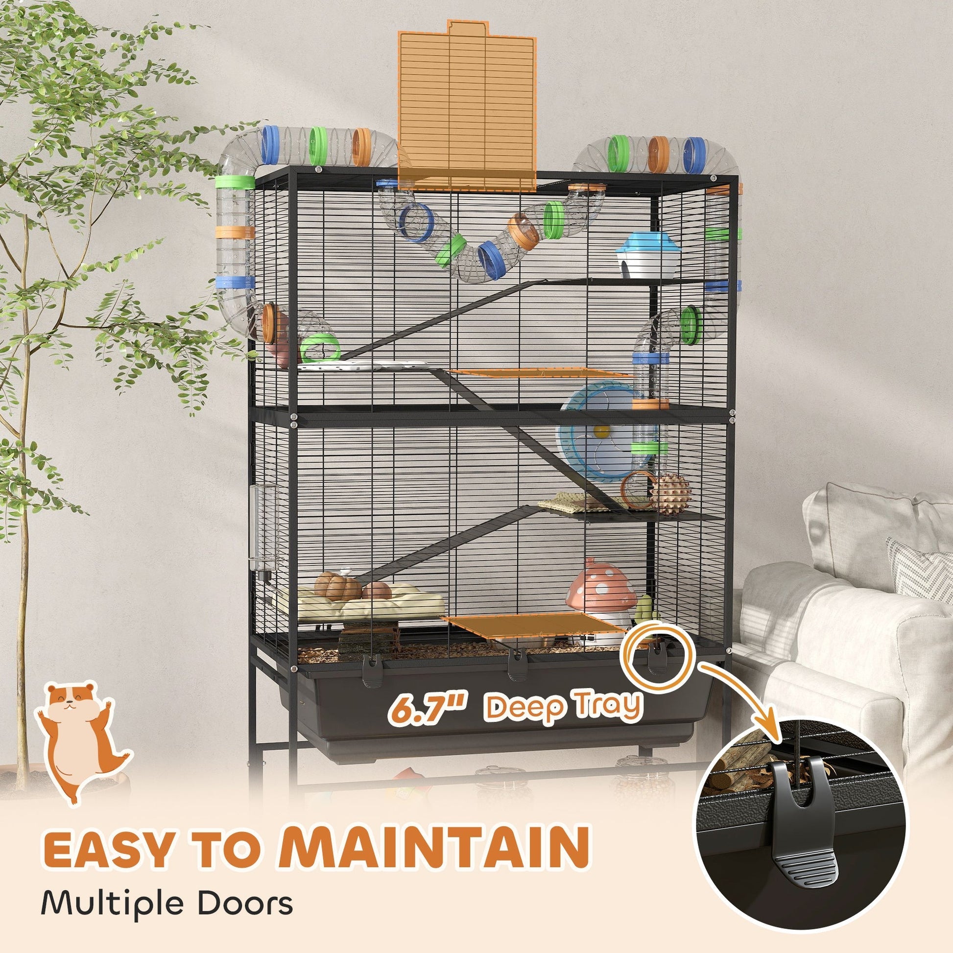 HKM-793299 5-Tier Hamster Cage with Rolling Base, Large Deep Tray, Exercise Wheel, Hut, and Tubes