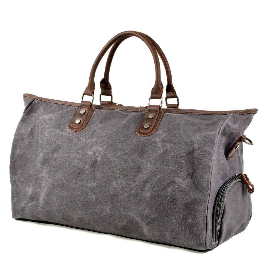HKM-285075 Large Capacity Waterproof Batik Canvas Travel Bag with Crazy Horse Cowhide Leather Trim