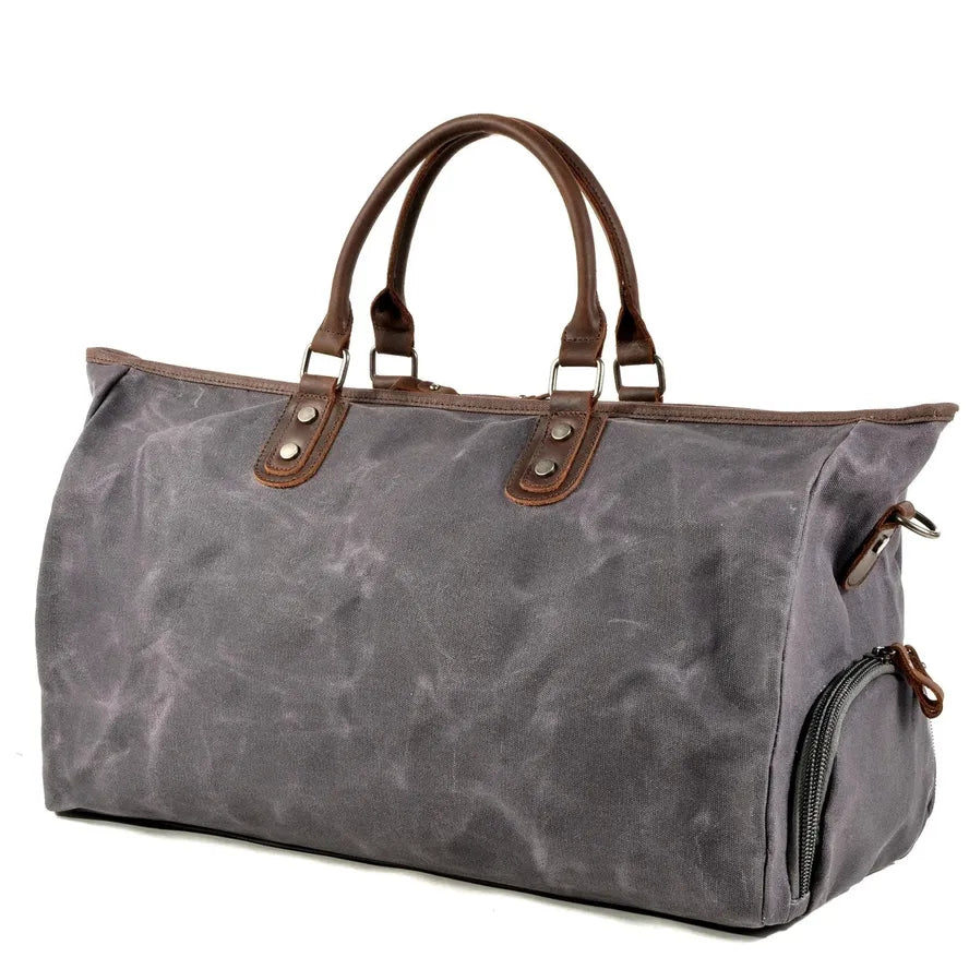 HKM-285075 Large Capacity Waterproof Batik Canvas Travel Bag with Crazy Horse Cowhide Leather Trim