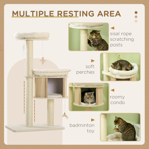 HKM-577427 3-Level Cat Tree with Sisal Scratching Posts, Soft Cushions, and Cat Badminton Toy