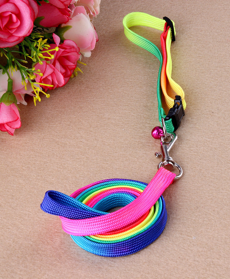 HKM-485587 Rainbow Nylon Cat and Dog Leash with Adjustable Collar for Small Pets - 120cm Length, 20-30cm Neck Size