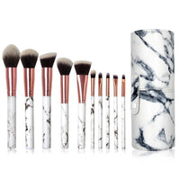 HKM-003475 Marble Makeup Brush Set - 10-Piece Tool Collection with Long Plastic Handles