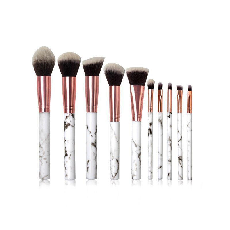HKM-003475 Marble Makeup Brush Set - 10-Piece Tool Collection with Long Plastic Handles