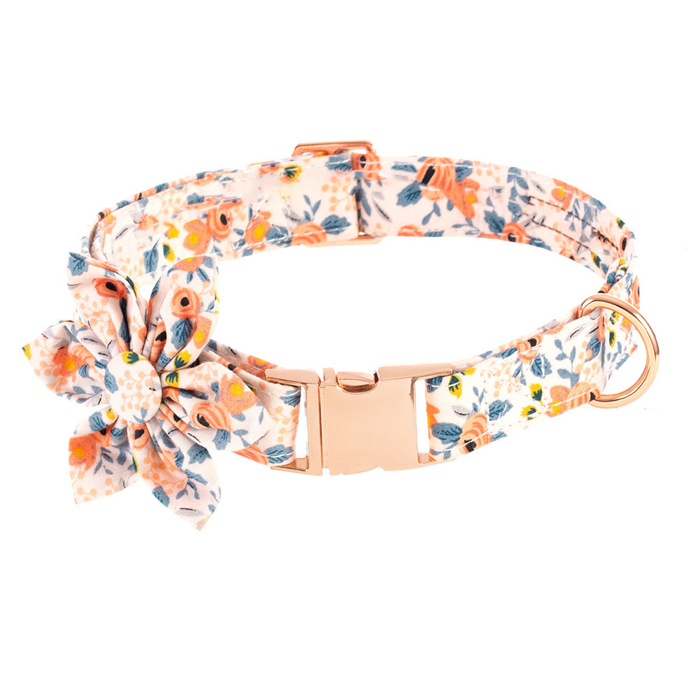HKM-993747 Flower Print Pet Collar with Rose Metal Buckle - Blue, Orange, and Gray-Green Floral Design