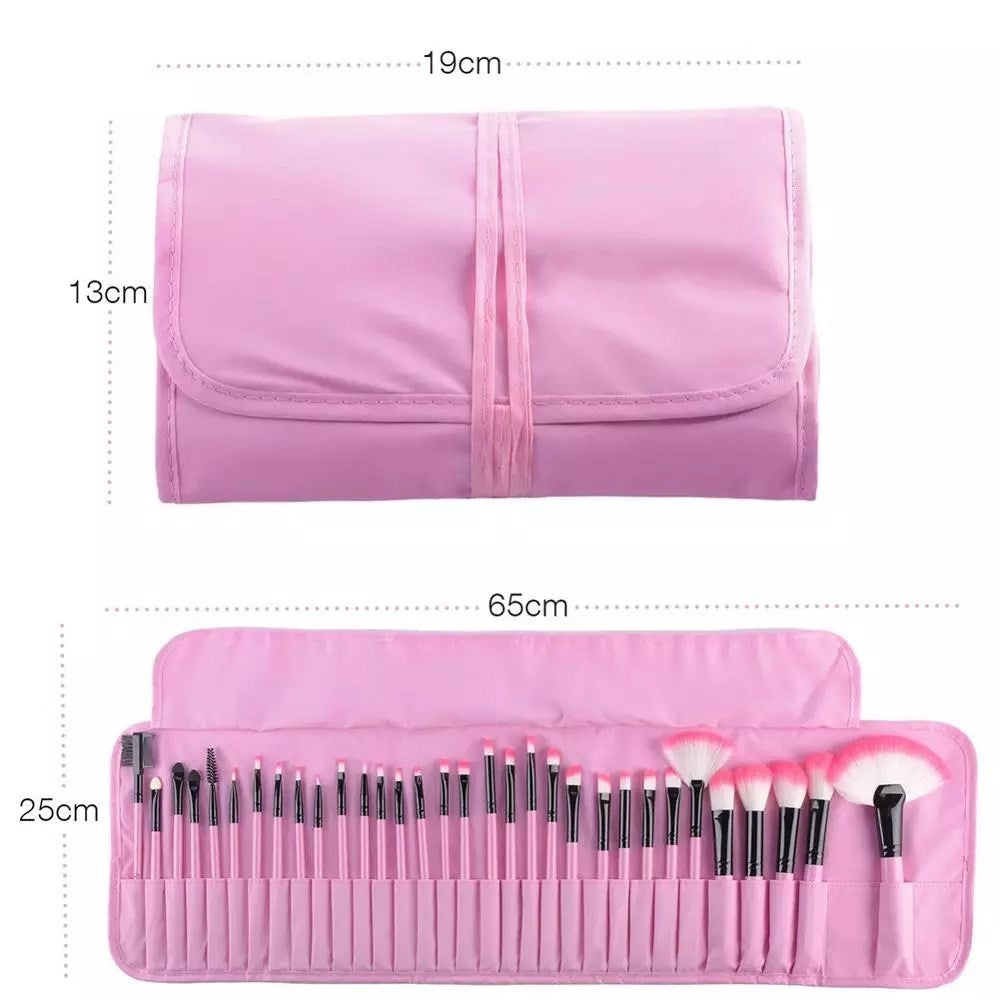 HKM-198931 32-Piece Makeup Brush Set with Bag – Artificial Fiber Bristles, Includes Pink, Purple, Black, and Log Color Brushes