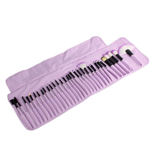 HKM-198931 32-Piece Makeup Brush Set with Bag – Artificial Fiber Bristles, Includes Pink, Purple, Black, and Log Color Brushes