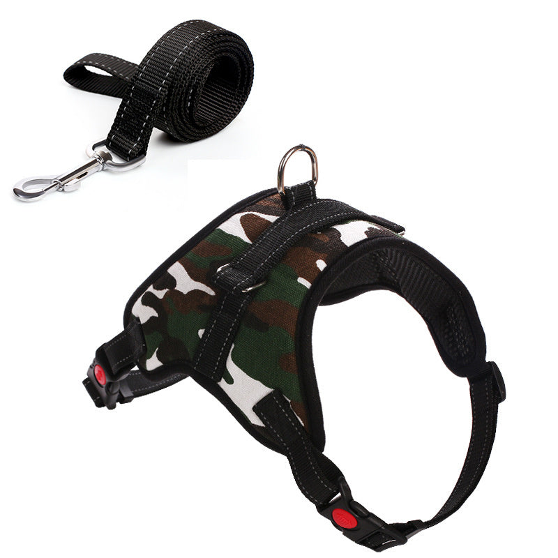 HKM-712659 Camouflage Dog Harness with Leash - Adjustable Polyester Chest Strap for Sizes S to XL
