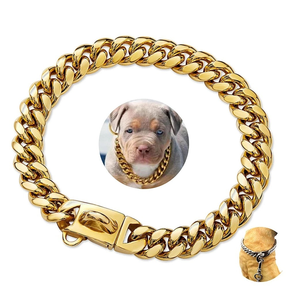 HKM-839955 14mm Stainless Steel Cuban Chain Dog Collar with Lock Buckle in Gold and Silver