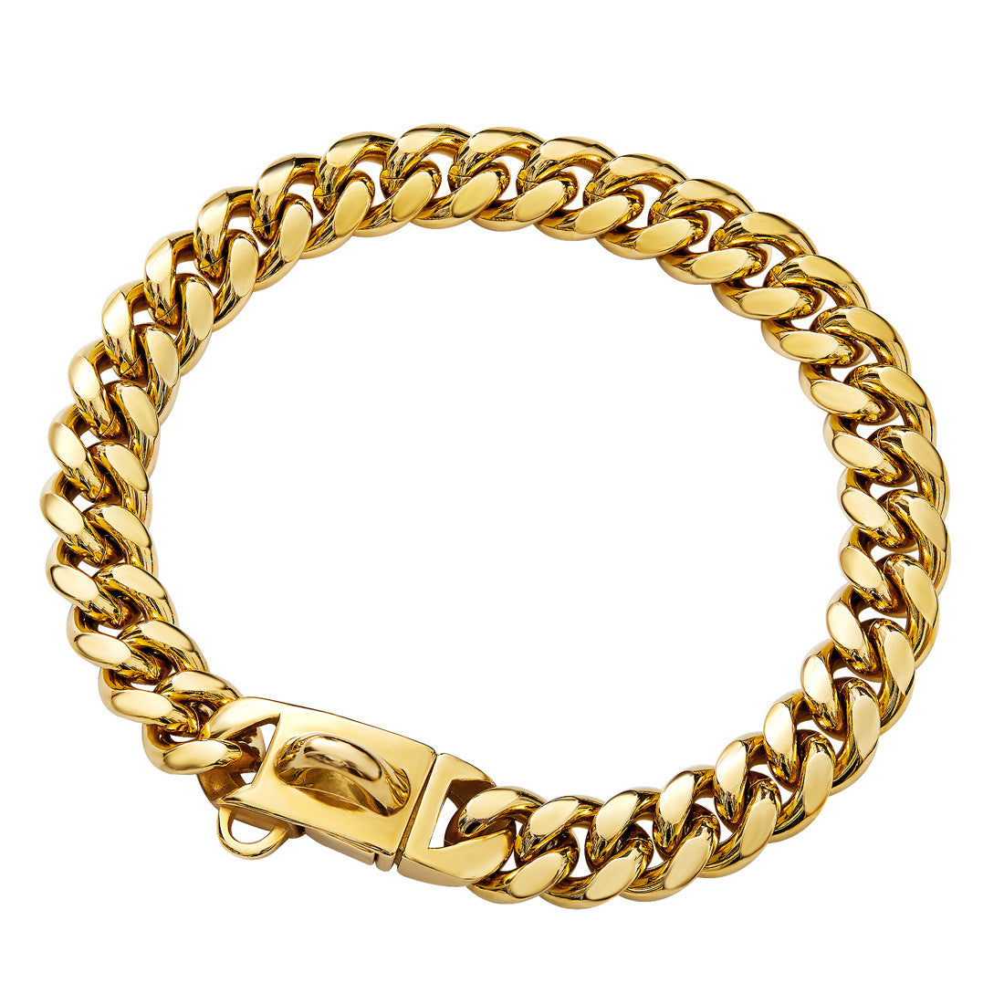 HKM-839955 14mm Stainless Steel Cuban Chain Dog Collar with Lock Buckle in Gold and Silver