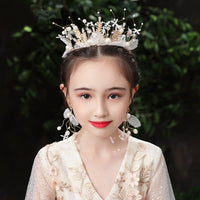 HKM-357523 Yarn Crown Set for Kids with Ribbons and Hairpin - Handmade Alloy and Cloth Flower Design