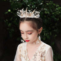 HKM-357523 Yarn Crown Set for Kids with Ribbons and Hairpin - Handmade Alloy and Cloth Flower Design