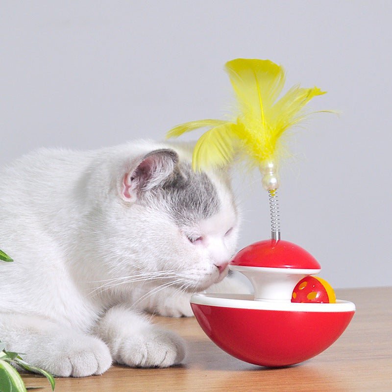 HKM-688275 Interactive Feather Tumbler with Bell for Cats - Engaging Playtime Toy in Red and Yellow