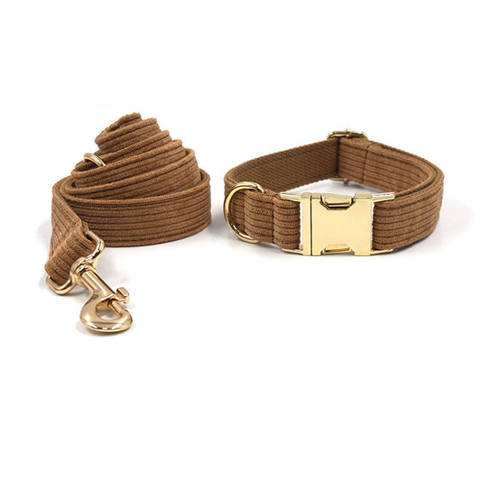 HKM-943635 Brown Corduroy Pet Collar Set with Gold Buckle, Bow, Rope, Chest Harness, and Waste Bag