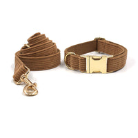 HKM-943635 Brown Corduroy Pet Collar Set with Gold Buckle, Bow, Rope, Chest Harness, and Waste Bag