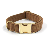 HKM-943635 Brown Corduroy Pet Collar Set with Gold Buckle, Bow, Rope, Chest Harness, and Waste Bag
