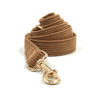 HKM-943635 Brown Corduroy Pet Collar Set with Gold Buckle, Bow, Rope, Chest Harness, and Waste Bag