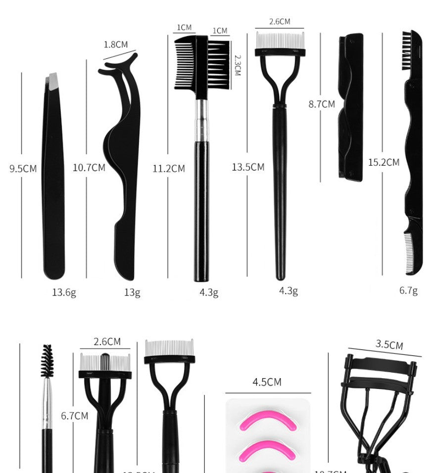 HKM-601043 Semi-Arc Eyelash Curler with Steel Comb and Eyebrow Grooming Set - 5-Piece Carbon Steel Tool Kit