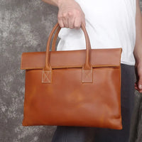HKM-972051 Real Leather 15 Inch Laptop Handbag in Retro Brown, Heavy-Duty Cowhide with Waterproof Canvas Accents