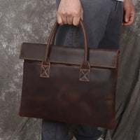 HKM-972051 Real Leather 15 Inch Laptop Handbag in Retro Brown, Heavy-Duty Cowhide with Waterproof Canvas Accents