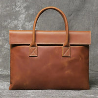 HKM-972051 Real Leather 15 Inch Laptop Handbag in Retro Brown, Heavy-Duty Cowhide with Waterproof Canvas Accents