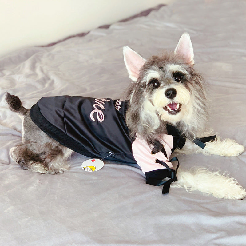 HKM-130451 Stylish Polyester Dog Jacket with Streamers in Black and Pink for Autumn Wear