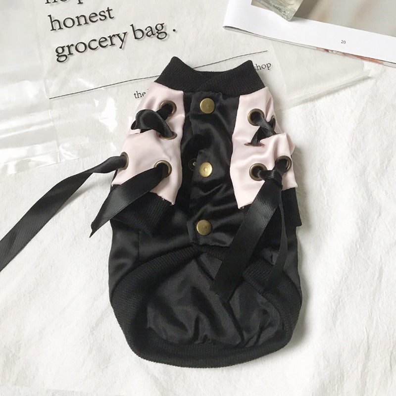HKM-130451 Stylish Polyester Dog Jacket with Streamers in Black and Pink for Autumn Wear