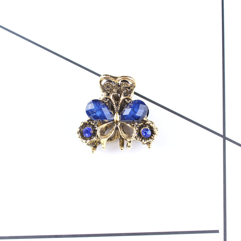 HKM-049107 Antique Bronze Butterfly Hairpin with Gemstones in Purple, Blue, Red, and Brown