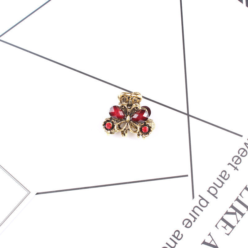 HKM-049107 Antique Bronze Butterfly Hairpin with Gemstones in Purple, Blue, Red, and Brown