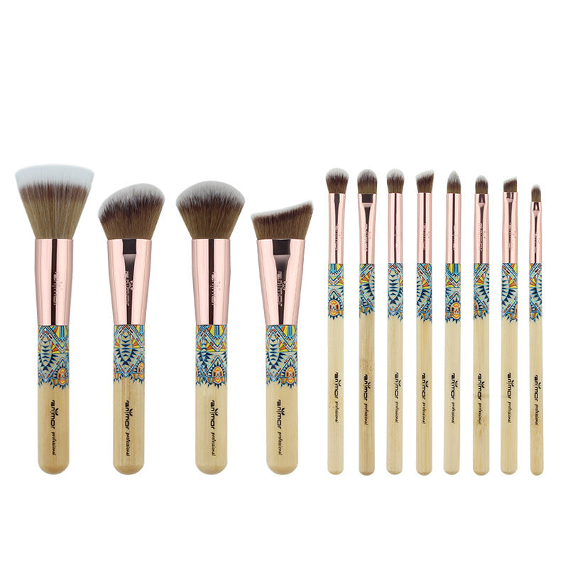 HKM-934483 12-Piece Makeup Brush Set with Wooden Handles and Soft Man-Made Fiber Bristles