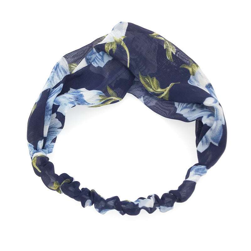 HKM-177875 Korean Style Printed Cross Elastic Camellia Headband for Women