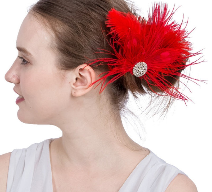 HKM-111187 Red Feather Headdress Hairpin - Handmade Floral Accessory for Celebrations and Special Occasions