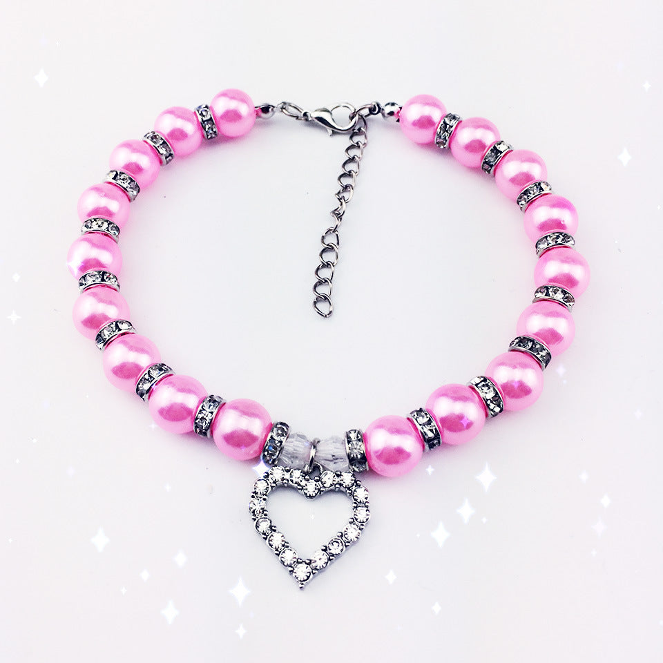HKM-539283 Elegant Pet Pearl Necklace with Rhinestone Accents - Multiple Sizes Available