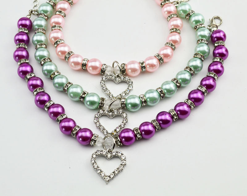 HKM-539283 Elegant Pet Pearl Necklace with Rhinestone Accents - Multiple Sizes Available