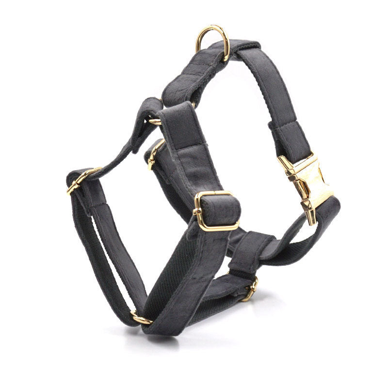 HKM-046099 Dark Grey Velvet Pet Collar and Leash Set with Bow, Chest Harness, and Waste Bag