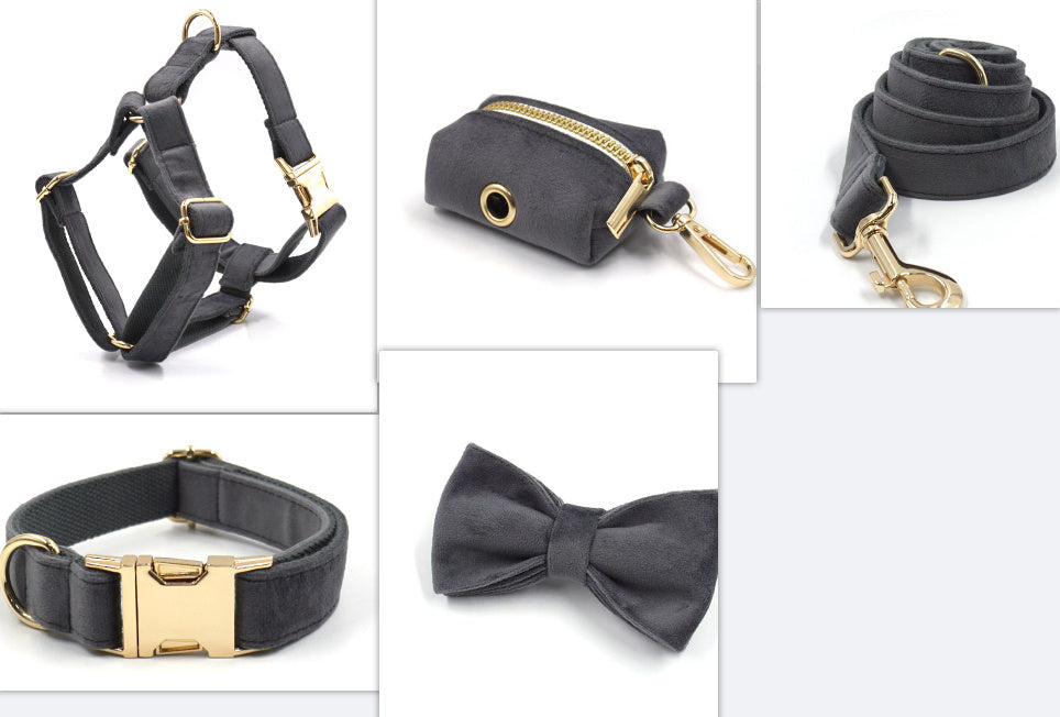 HKM-046099 Dark Grey Velvet Pet Collar and Leash Set with Bow, Chest Harness, and Waste Bag