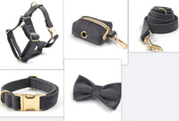 HKM-046099 Dark Grey Velvet Pet Collar and Leash Set with Bow, Chest Harness, and Waste Bag