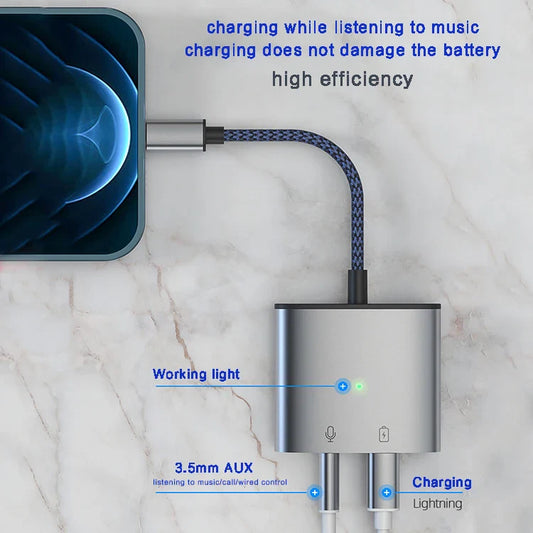 KTX-887891 3.5mm AUX Audio Jack Adapter for iPhone Earphones - Lightning to Headphone Splitter