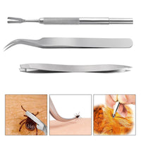 HKM-250899 Stainless Steel Tick and Flea Removal Tool Set for Dogs and Cats - 3-Piece Clip and Tweezer Kit