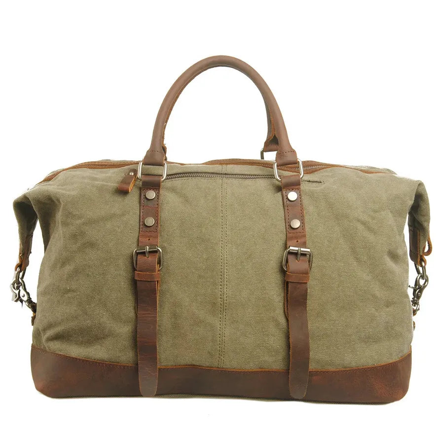 HKM-219539 High Capacity Canvas Shoulder Duffel Bag - Travel Tote with Cowhide Accents