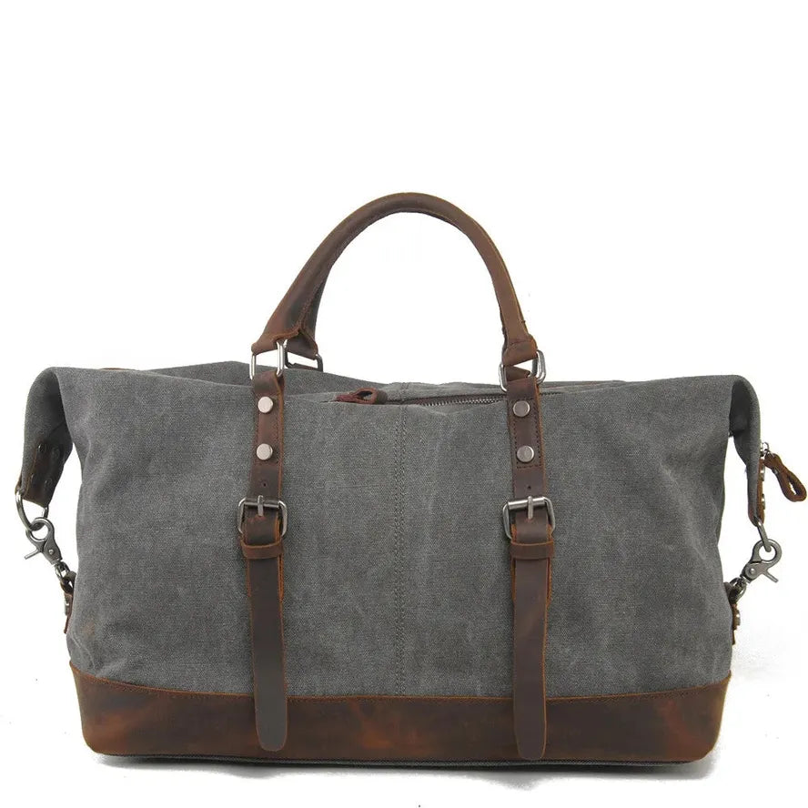 HKM-219539 High Capacity Canvas Shoulder Duffel Bag - Travel Tote with Cowhide Accents