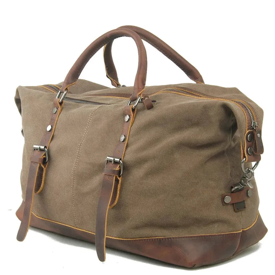 HKM-219539 High Capacity Canvas Shoulder Duffel Bag - Travel Tote with Cowhide Accents